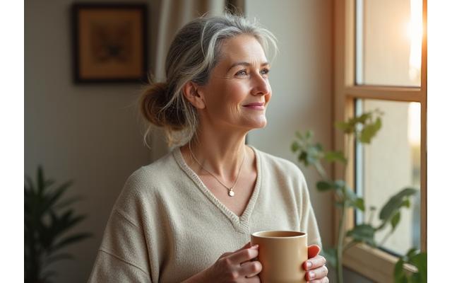 Woman enjoying a peaceful morning routine, symbolizing personalized lifestyle coaching.